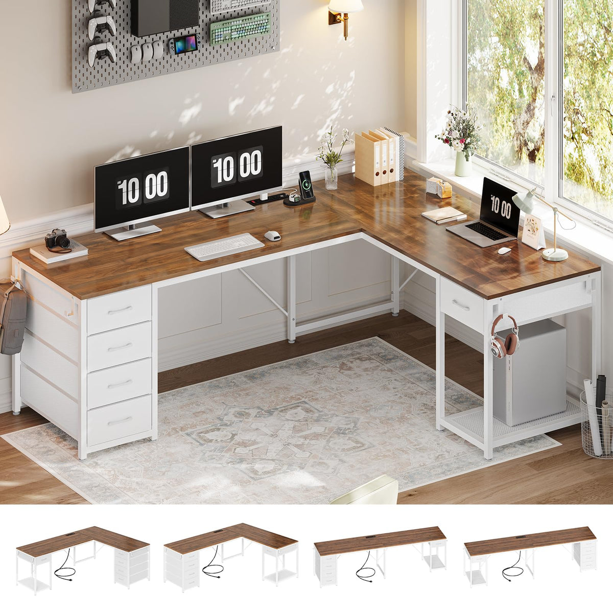 Brown White L Shaped Desk with 5 Drawers X57230
