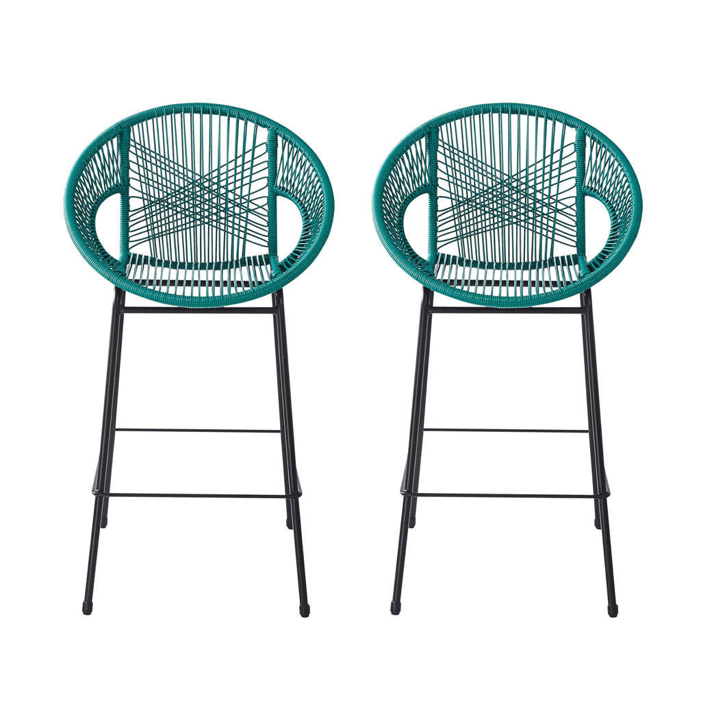 Teal Faux Wicker Outdoor Bar Stool Set of 2 F1061