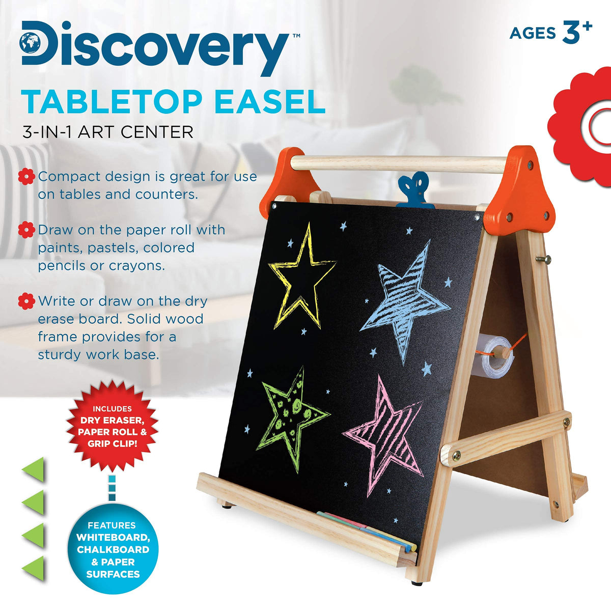 3-in-1 Tabletop Dry Erase Chalkboard Art Easel with Paper Roll P389