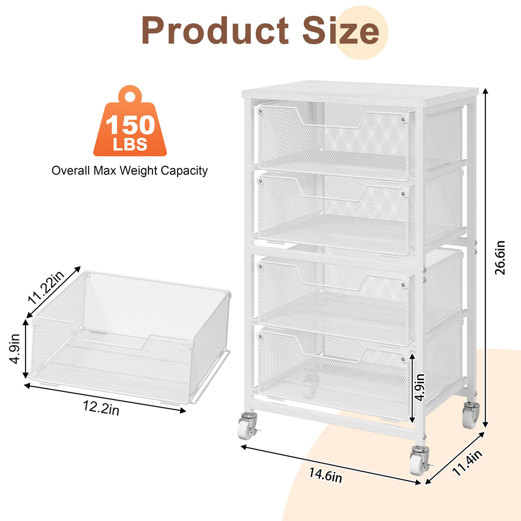 White 4 Drawer Rolling Storage Cart with Wooden Top L417