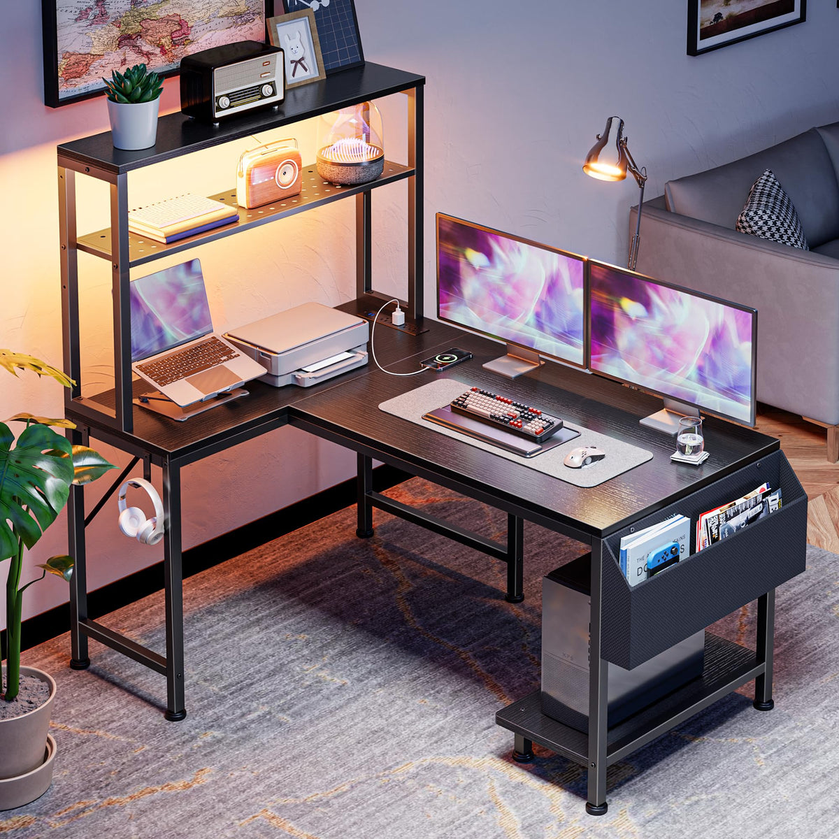 L Shaped Gaming Desk with LED Lights & Power Outlets X761799