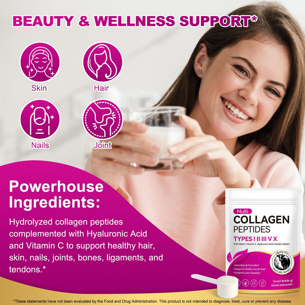 Multi Collagen Peptides Powder Type I II III V X 16oz Y919