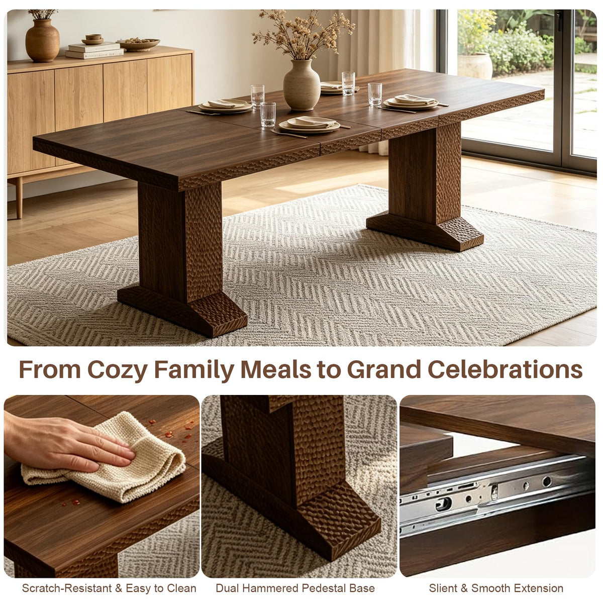 63-94.5 Inch Extendable Dining Table Set with 8 Brown Chairs P2366