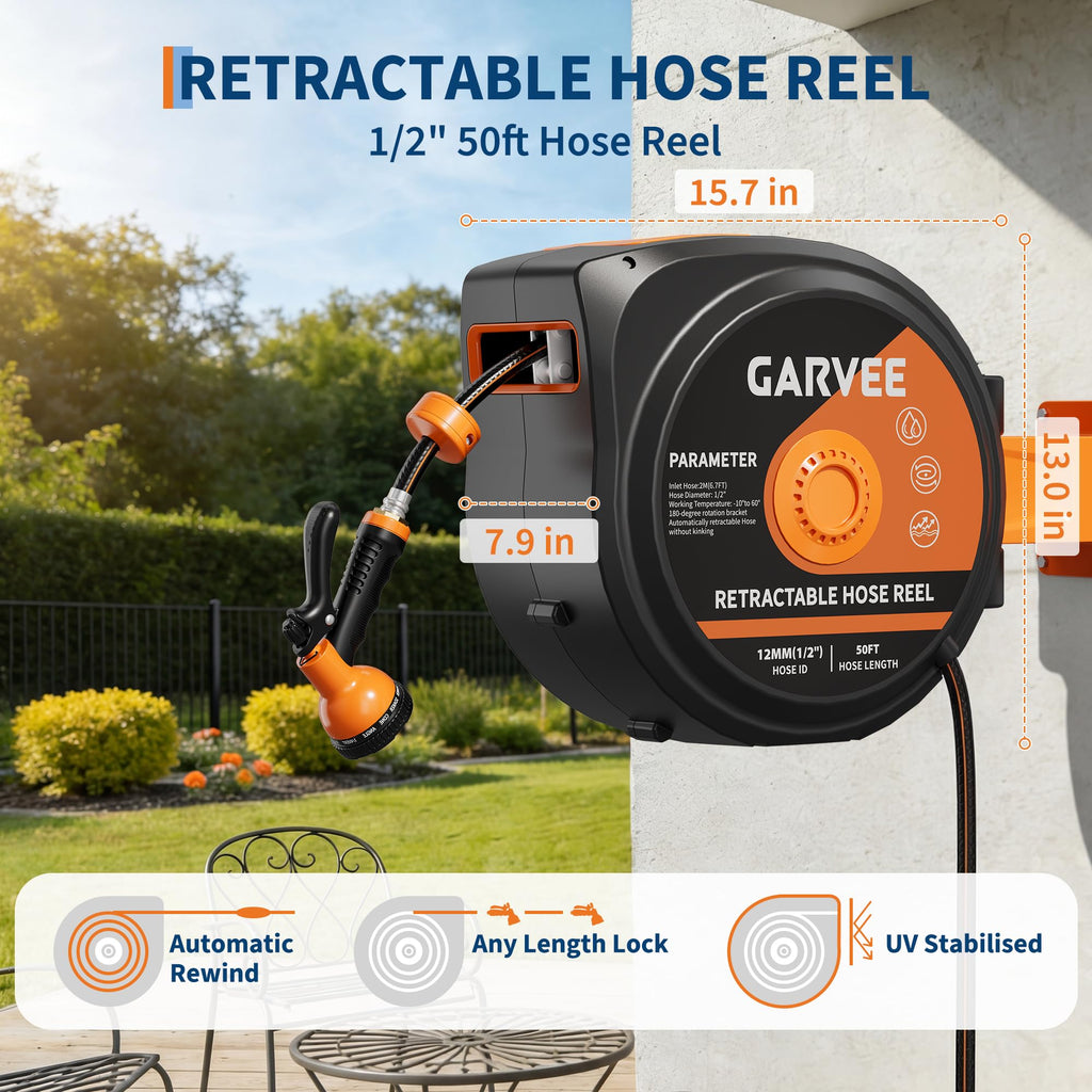 1/2 Inch x 50 ft Wall Mounted Garden Hose Reel with 10 Patterns Nozzle J57356