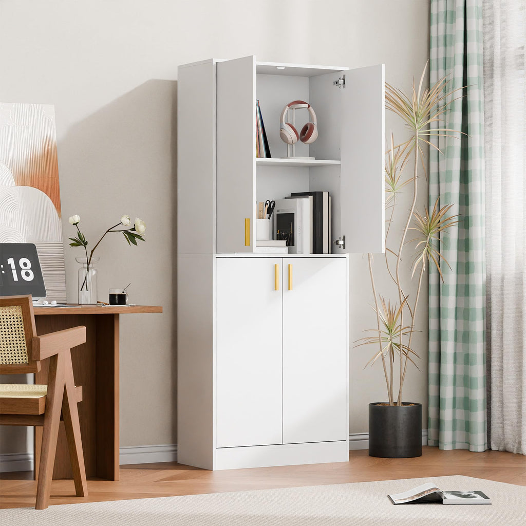 White Wood Storage Cabinet with Doors and Shelves J200