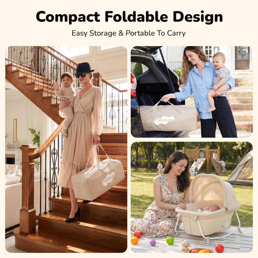 6-in-1 Pack and Play with Bassinet, Portable Playard, Travel Crib with Mattress, Changing Table, Storage Bag & 4 Wheels (Beige) S156