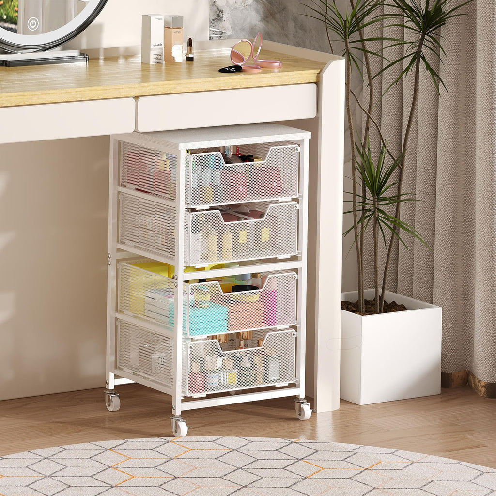White 4 Drawer Rolling Storage Cart with Wooden Top L417