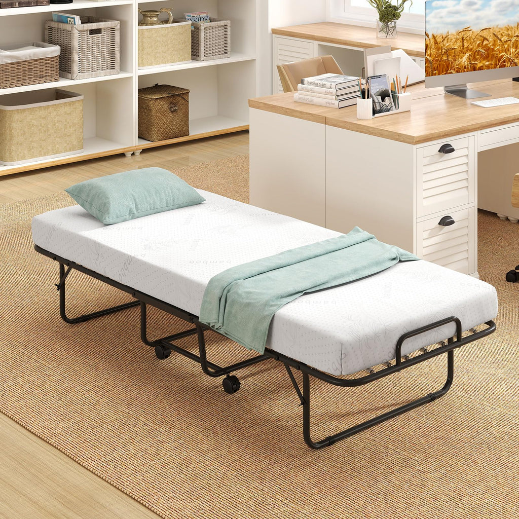 Folding Bed with Mattress, Cot Size Gel Memory Foam Metal Frame I84592