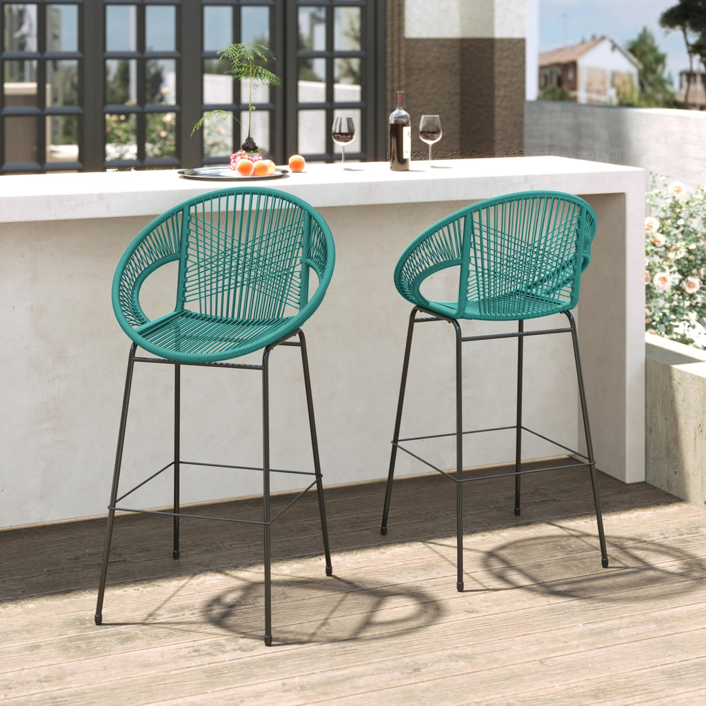 Teal Faux Wicker Outdoor Bar Stool Set of 2 F1061