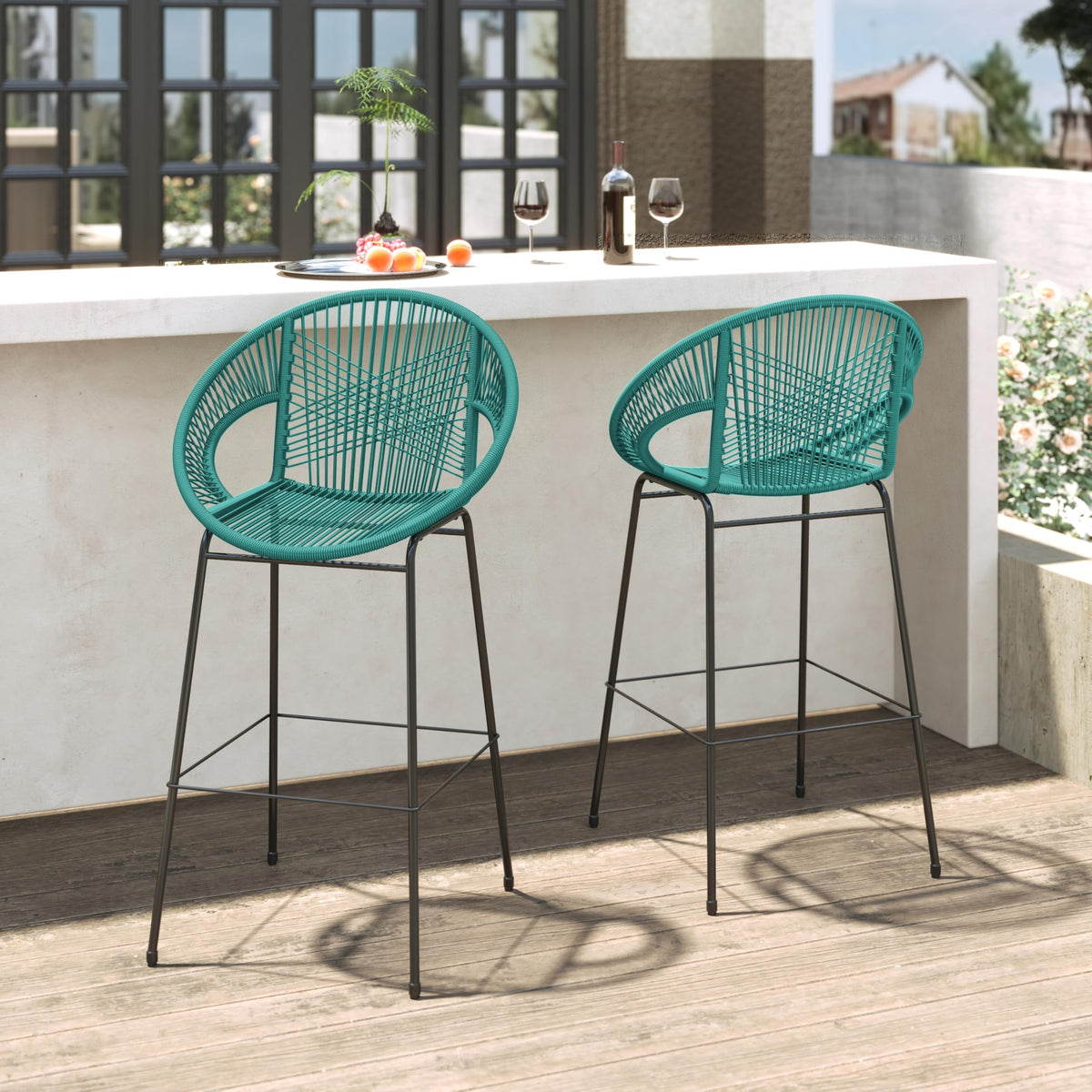 Teal Faux Wicker Outdoor Bar Stool Set of 2 F1061