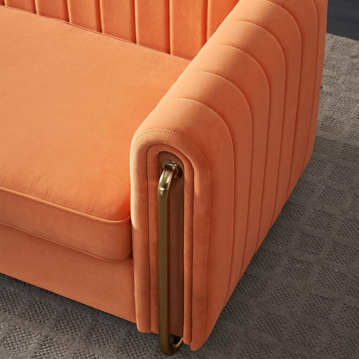 Velvet Sofa Couch, 3-Seater with Channel-Tufted Seats and Gold Steel Legs, Orange H928915
