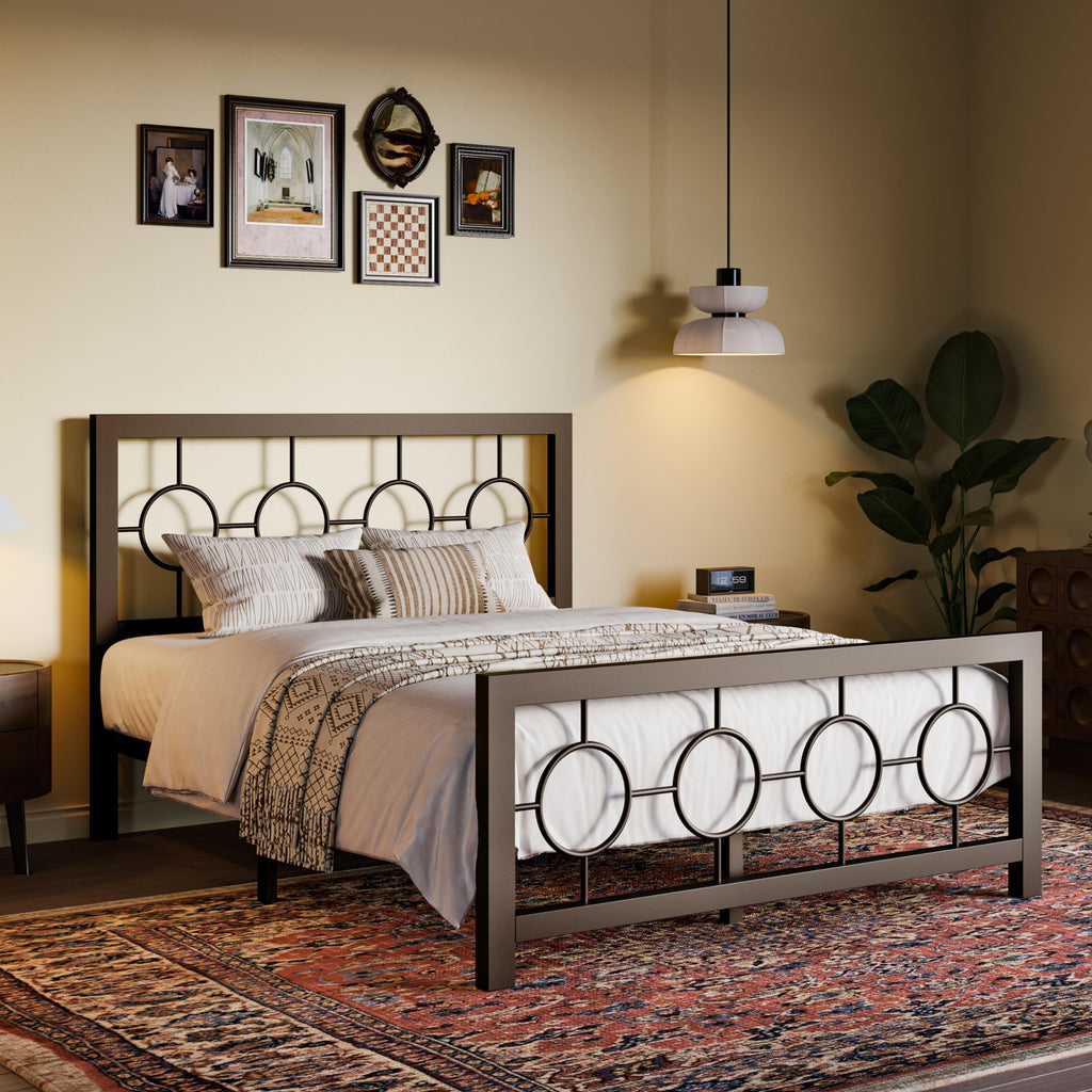 Full Size Brown Metal Bed Frame with Headboard and Footboard M71886