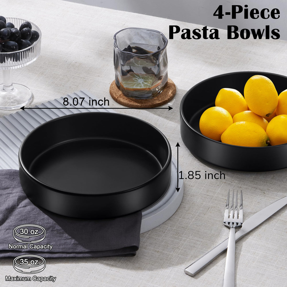 Black Ceramic Pasta Bowls Set of 4 G791