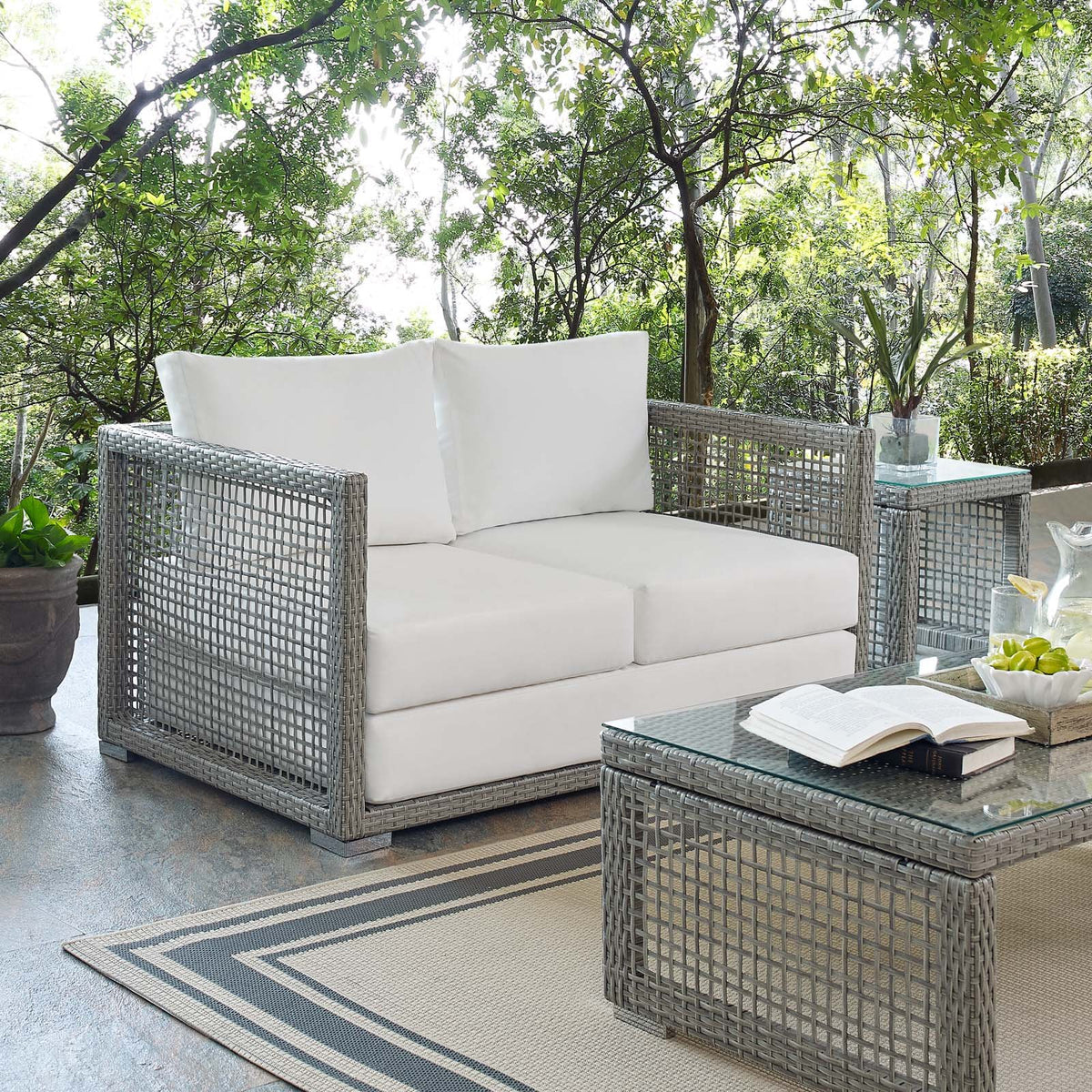 Gray White Wicker Rattan Loveseat with Cushions M916624