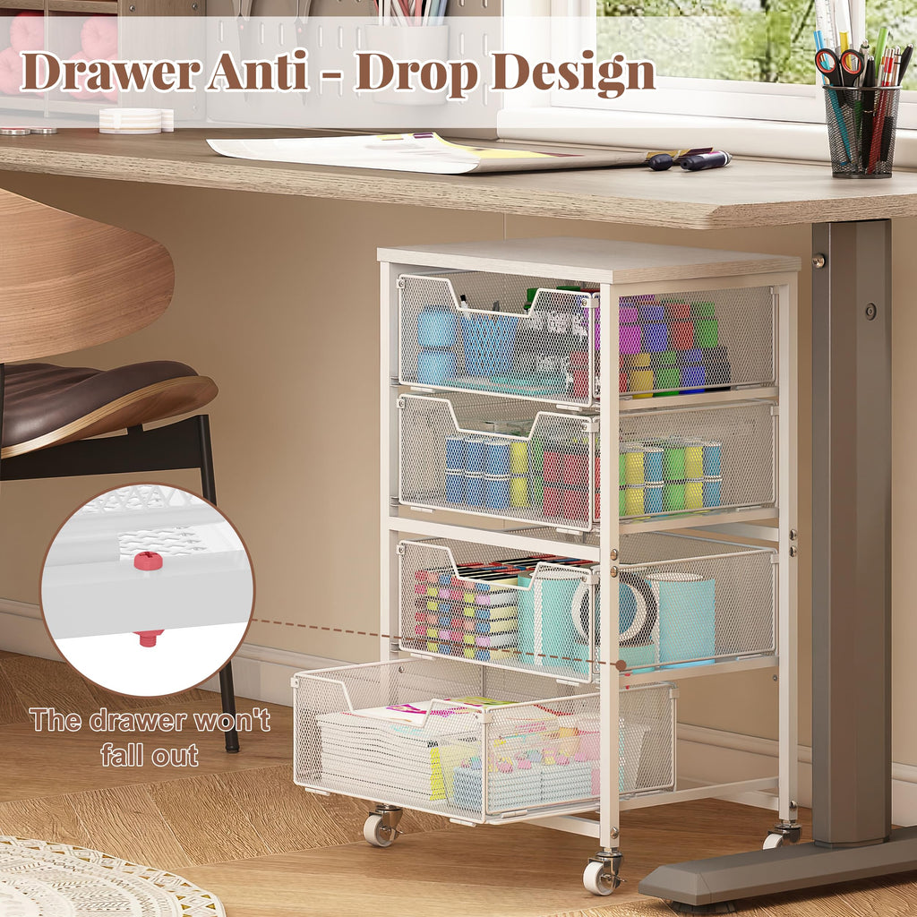 White 4 Drawer Rolling Storage Cart with Wooden Top L417
