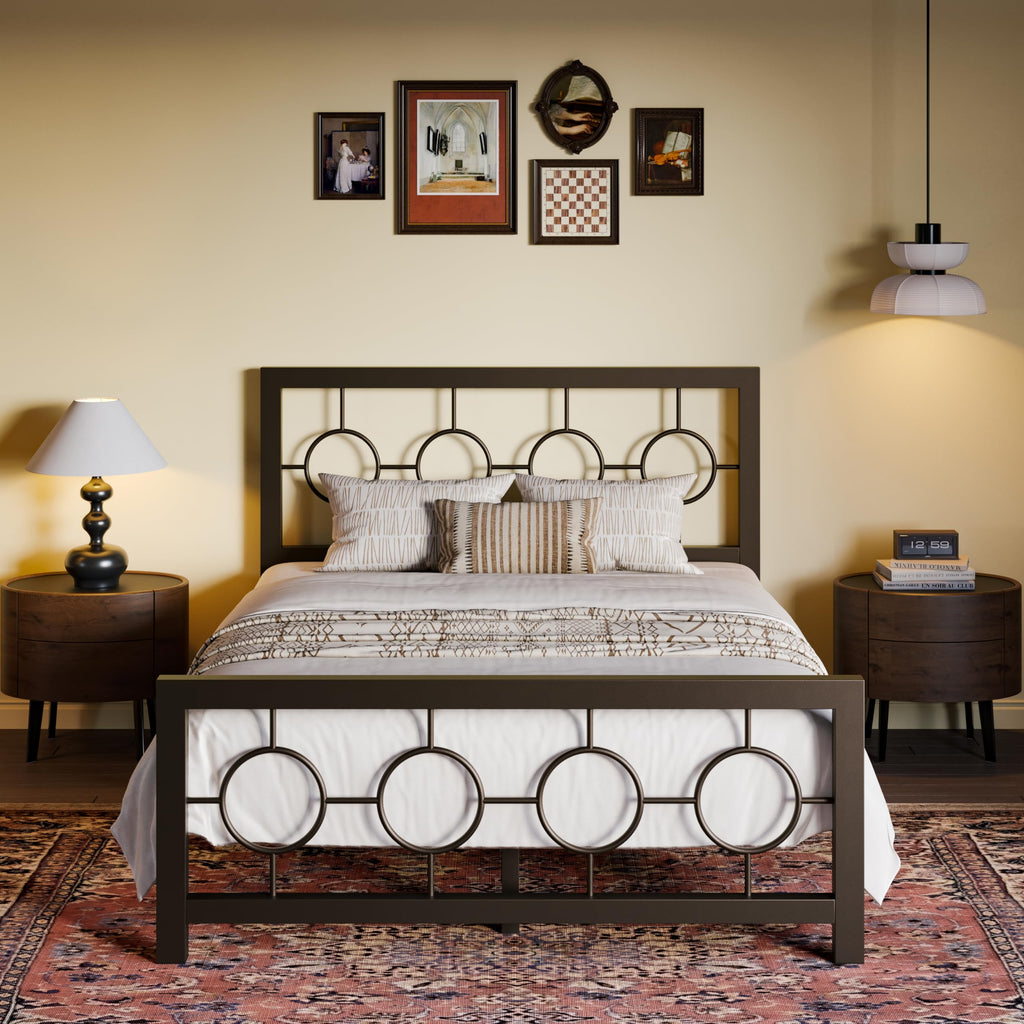 Full Size Brown Metal Bed Frame with Headboard and Footboard M71886