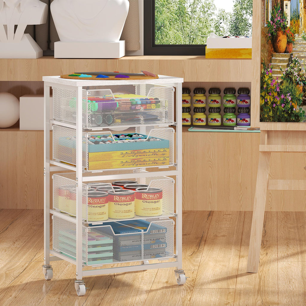 White 4 Drawer Rolling Storage Cart with Wooden Top L417